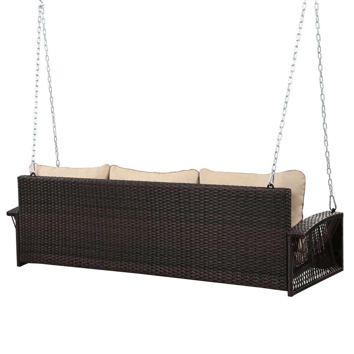 Outdoor Wicker Porch Swing – 69" 3-Person Patio Swing Bench with Cushions & Chains - View 23