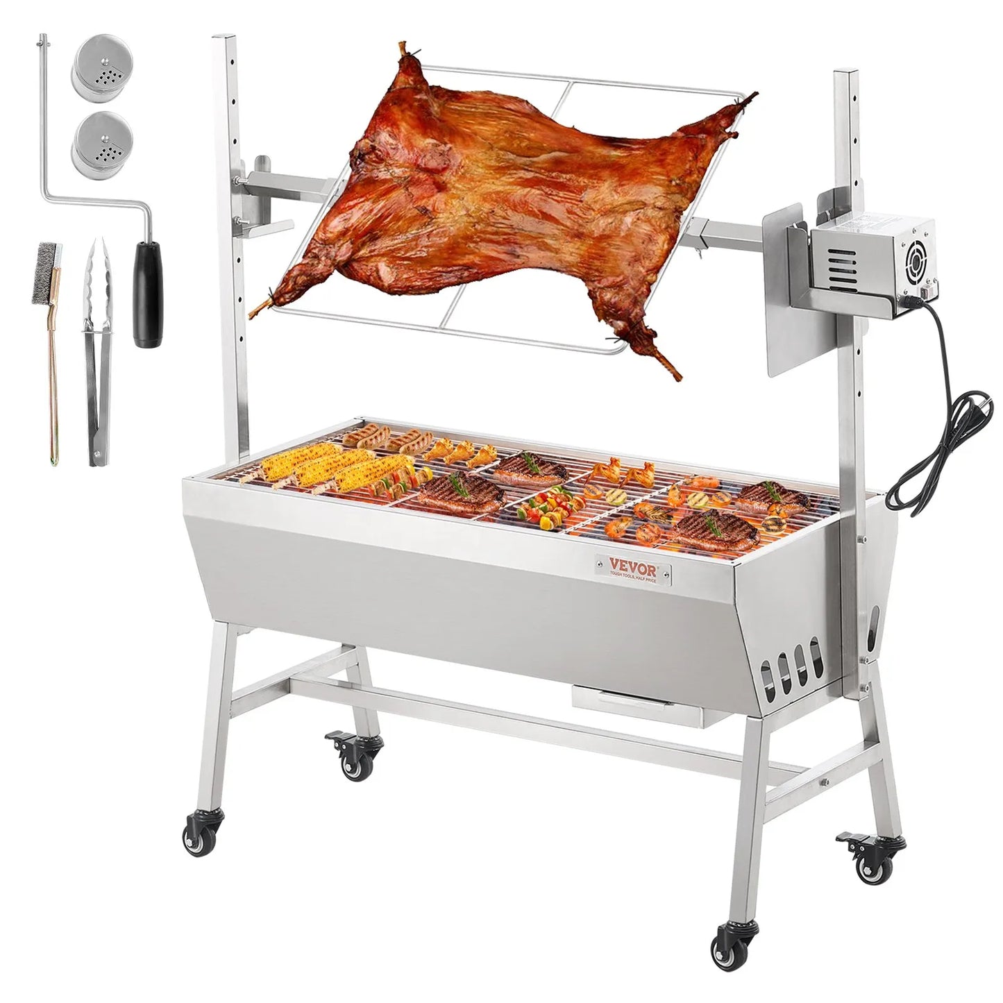 VEVOR Upgrade Rotisserie Grill, 35 Inch 90 Lbs Capacity, BBQ Whole Pig Lamb Goat Charcoal Spit Grill, Electric 42W Motor Stainless Steel Rotisserie Roaster with Lockable Wheels, for Camping Outdoor