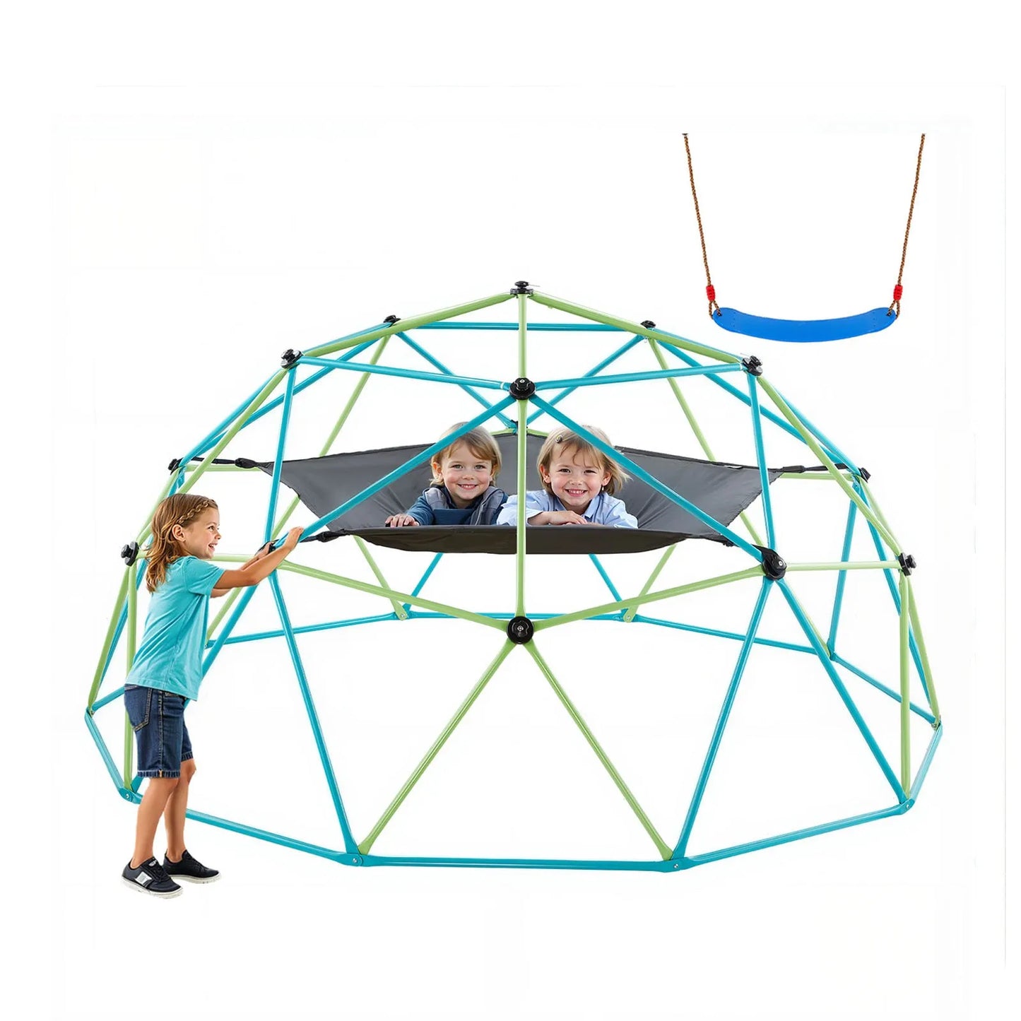 10FT Geometric Climbing Dome with Swing & Hammock, Outdoor Kids Jungle Gym