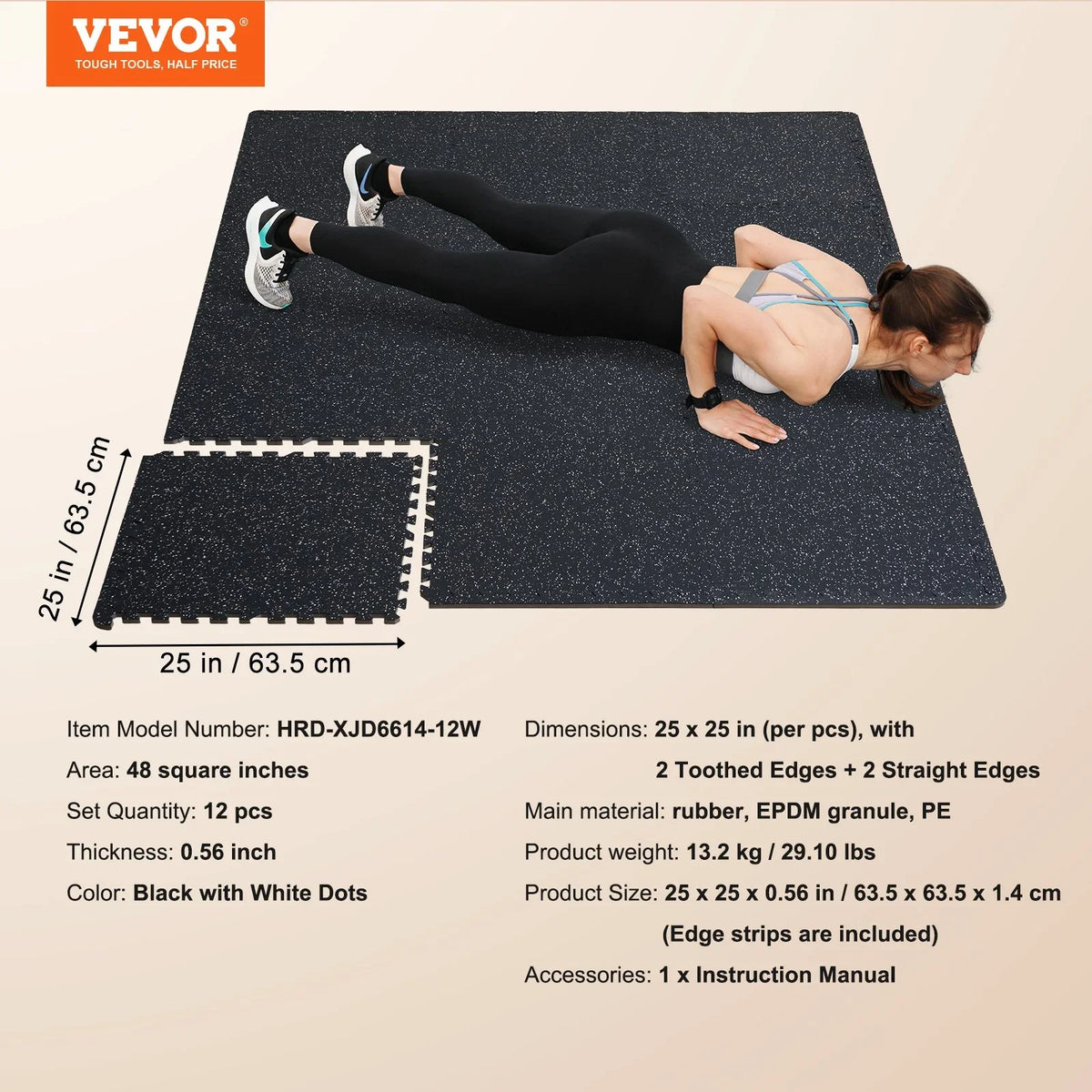 VEVOR 12 PCS 0.56" Thick Gym Floor Mats, 24" x 24" EVA Foam & Rubber Top Interlocking Workout Floor Mats with 48 sq.ft Coverage, Waterproof Exercise Puzzle Flooring for Gym, Home, Garage, Basement, Black & White - View 11