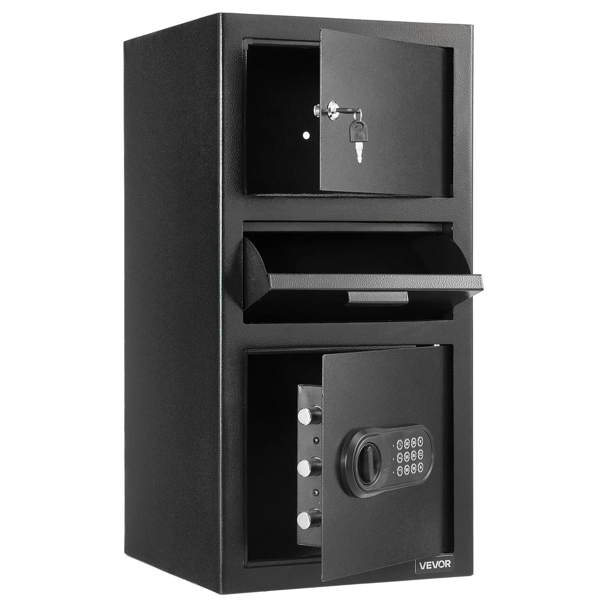 VEVOR 3.6 Cubic Feet Drop Safe, Large Capacity Front Drop Slot Safe Box with Digital Keypad, Heavy Duty 3 Tiers Cash Depository Box with Spare Keys for Cash, Bank Slip, Jewelry, Document, Bill, Black - View 10