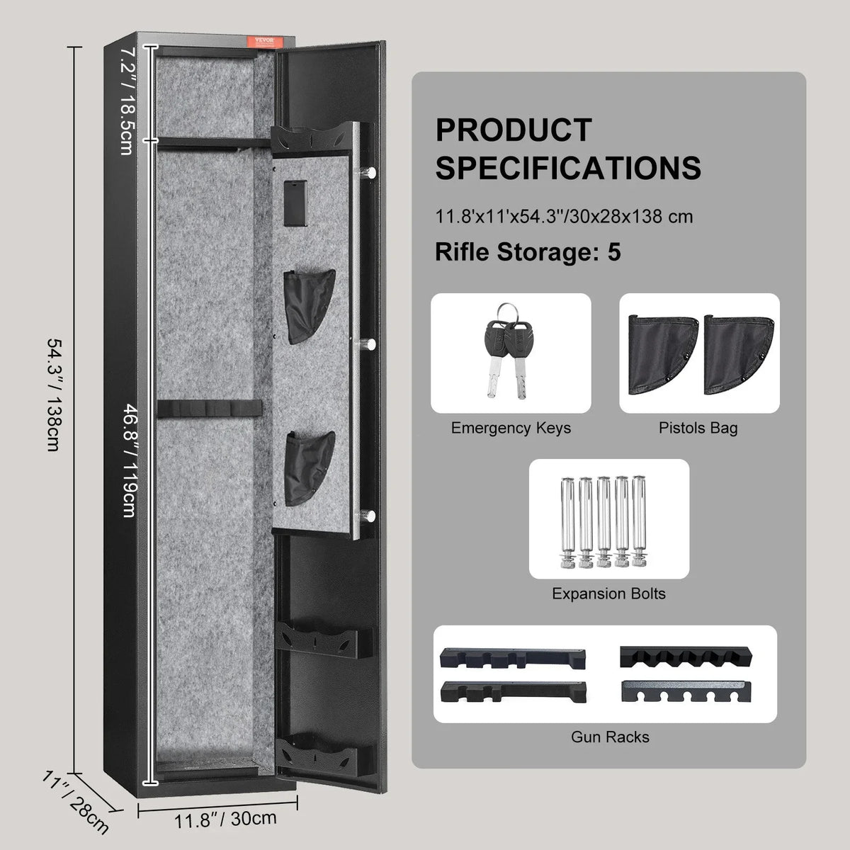 VEVOR 5 Rifles Gun Safe, Rifle Safe with Fingerprint Lock, Quick Access Gun Storage Cabinet for Shotguns with Removable Shelf, Pistol Rack, Ammo Storage Box for Home Long Gun and Pistols - View 14