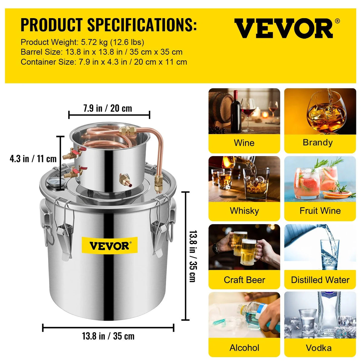 VEVOR Alcohol Still 9.6Gal/38L, Alcohol Distiller with Circulating Pump, Alcohol Still Copper Tube, Whiskey Distilling Kit with Build-In Thermometer, Whiskey Making Kit for DIY Alcohol, Stainless Stee - View 11