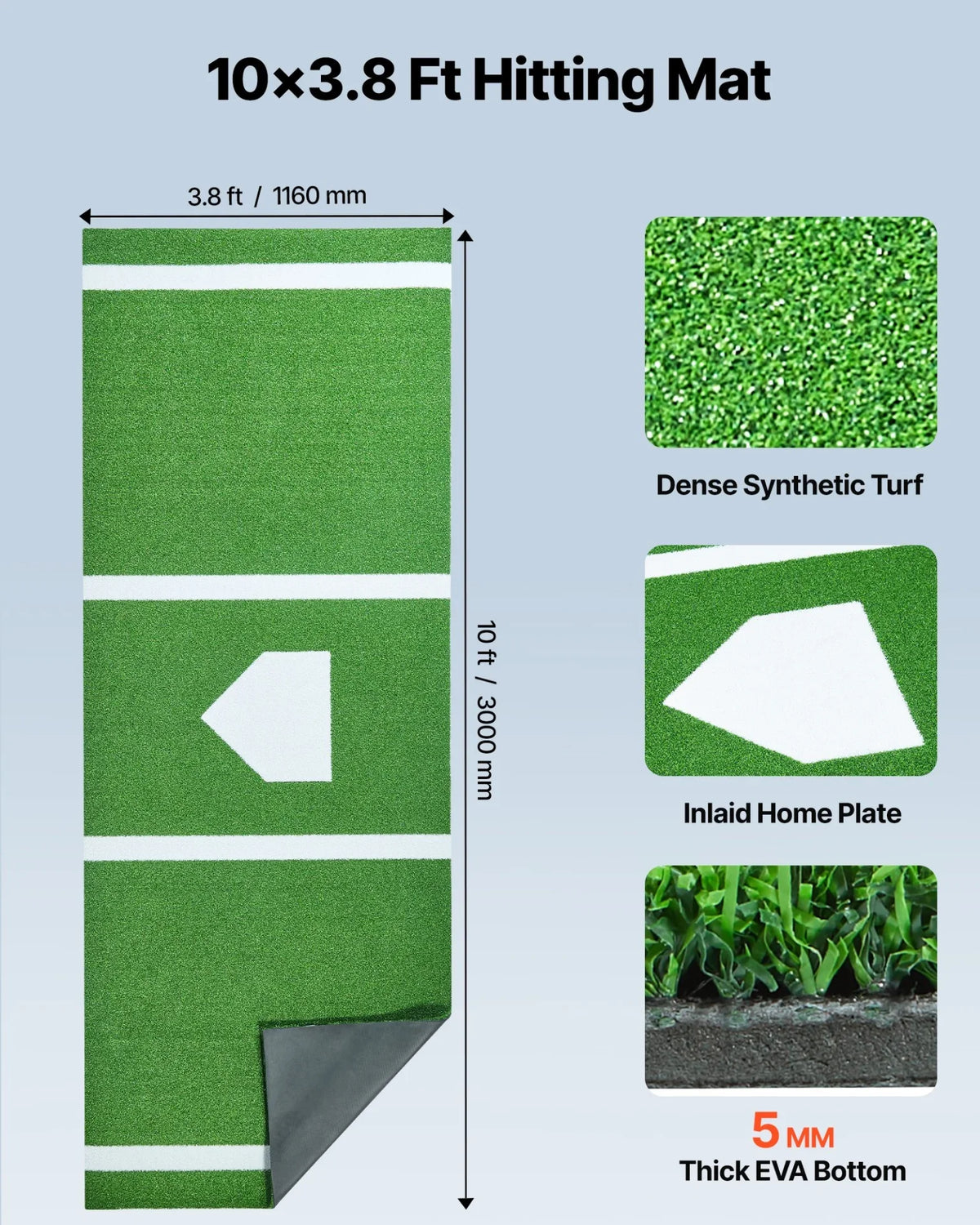 VEVOR Baseball Softball Hitting Batting Mat, 10' x 3.8' Indoor/Outdoor Softball Mat, Lined & Foam Backing Anti-Slip Anti-Fade Softball Training Aid, Portable Practice Mat with Tightening Rope, Green - View 16