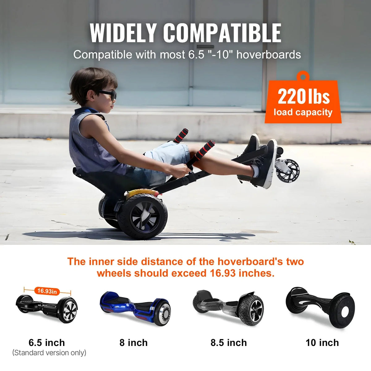 VEVOR Hoverboard Seat Attachment, for 6.5" 8" 8.5" 10" Hoverboards, with LED Lights, Grips Control, Adjustable Frame Length and 220 LBS Load Capacity, Hover Board Go Karts Accessory, for Kids Adults - View 11