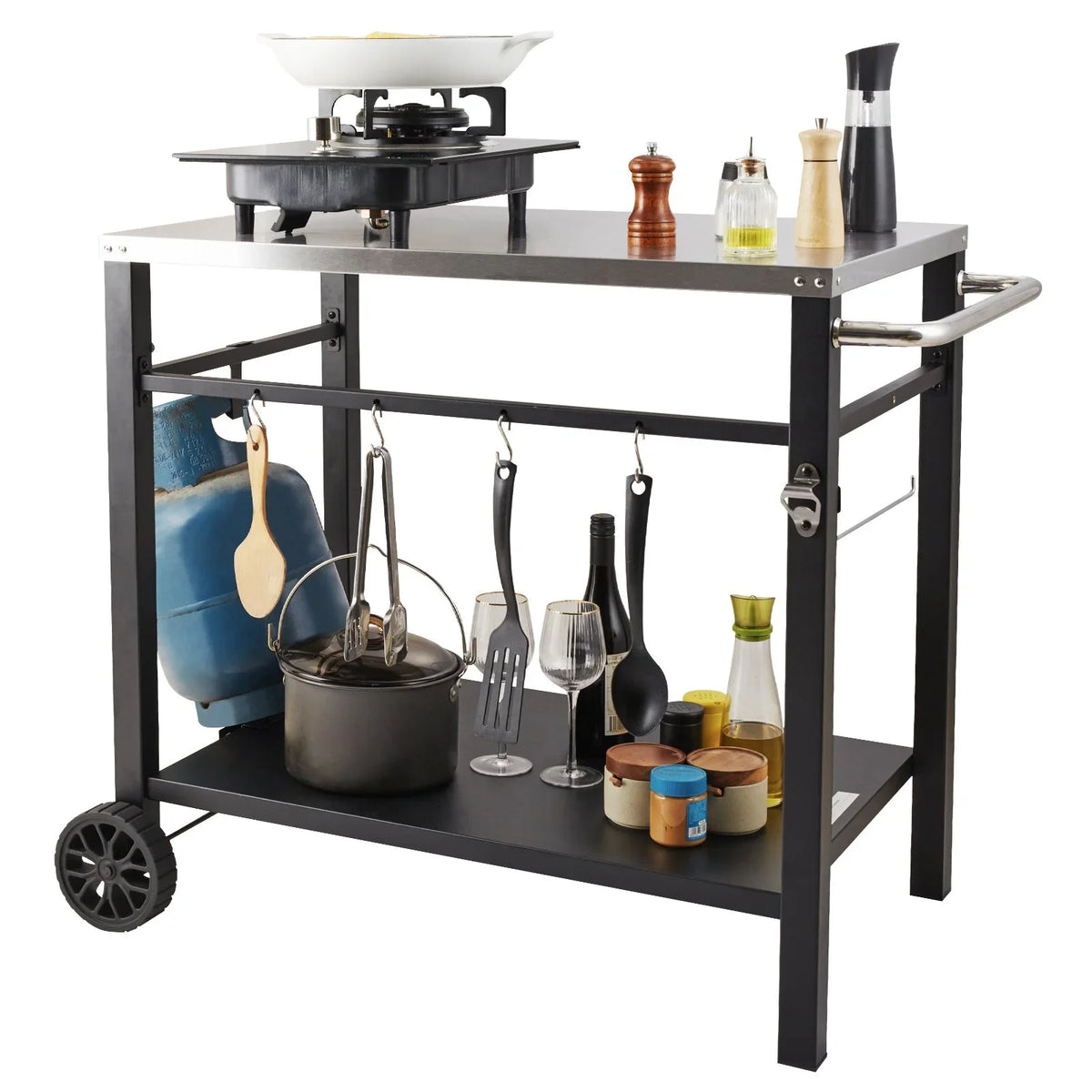 VEVOR Outdoor Grill Dining Cart with Double-Shelf, BBQ Movable Food Prep Table, Multifunctional Stainless Steel Table Top, Portable Modular Carts for Pizza Oven, Worktable with 2 Wheels, Carry Handle - View 10