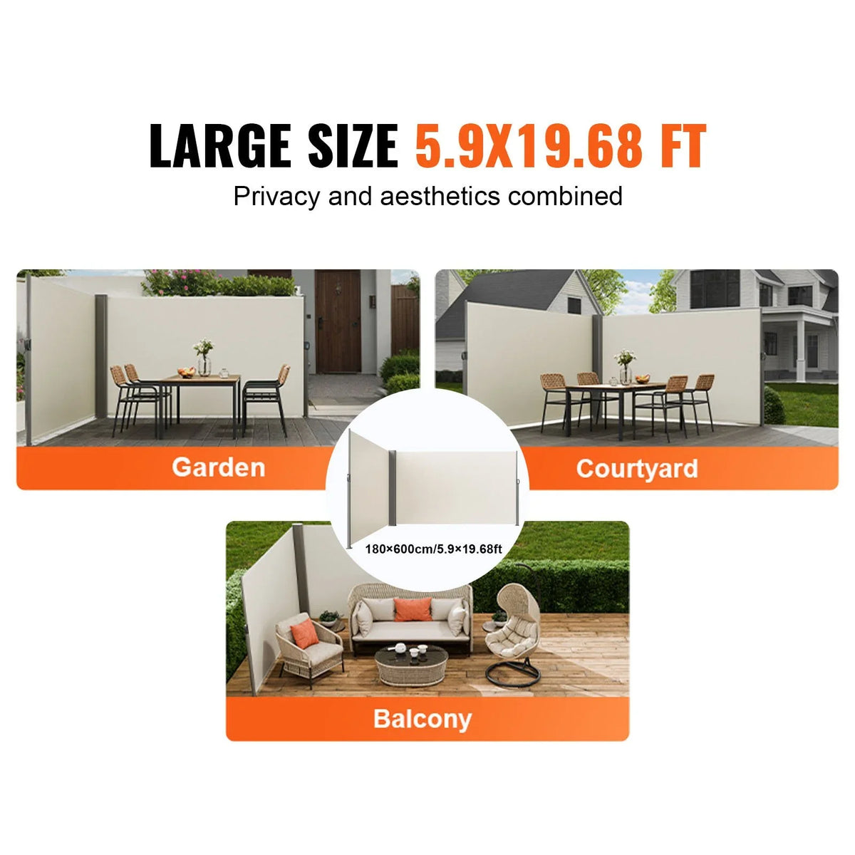 VEVOR Retractable Side Awning, 71''x 236'' Aluminum Outdoor Privacy Screen, 280g Polyester Water-proof Retractable Patio Screen, UV 30+ Room Divider Wind Screen for Patio, Backyard, Balcony, Beige - View 21