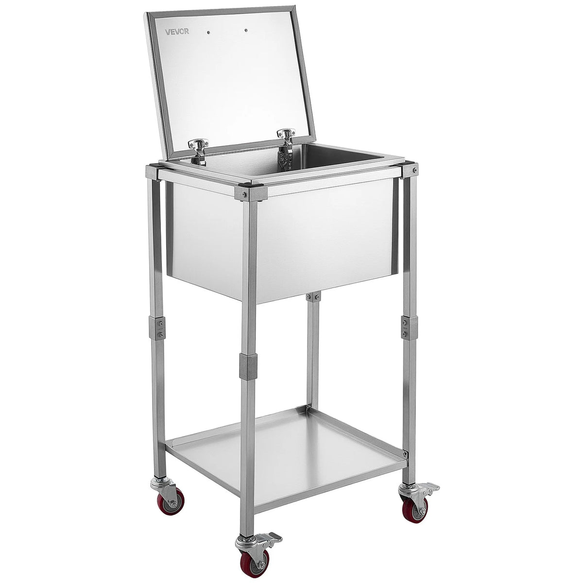 VEVOR Rolling Ice Chest Cooler Cart Stainless Steel Cooling Bin 57.7 Quart, Outdoor Stand Up Cooler Trolley with Wheels, Flip Lid, and Shelf, for Patio Backyard Party Bar Cold Drinks, 22x17.9x39.5 in - View 10