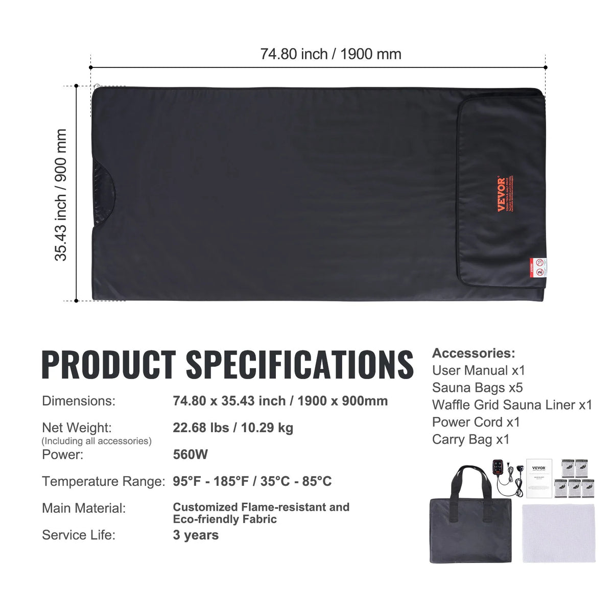 VEVOR Sauna Blanket for Detoxification, Portable Far Infrared Sauna for Home, PU Sauna Bag w/ Therapy Stones & Carbon Fiber Heating, 1-6 Level Adjustable Temp 95-185℉, 1-60 Minutes Timer, 75 x 35in - View 10