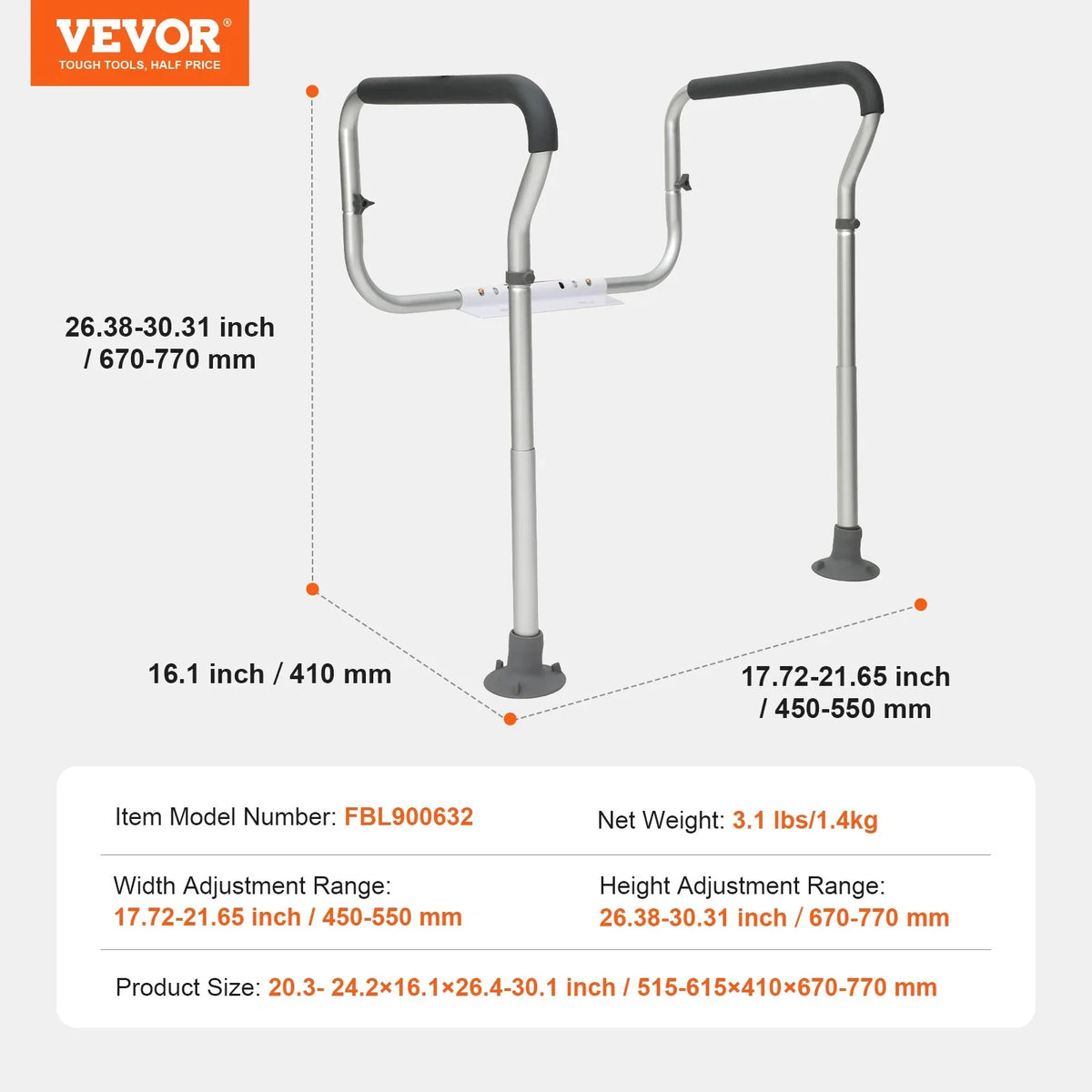 VEVOR Toilet Safety Rail, Bathroom Toilet Seat Frame, Adjustable Width & Height Fit Most Toilets, Supports 300lbs, Toilet Handles Grab Bars with Padded Armrests for Handicap, Disabled, Seniors - View 10