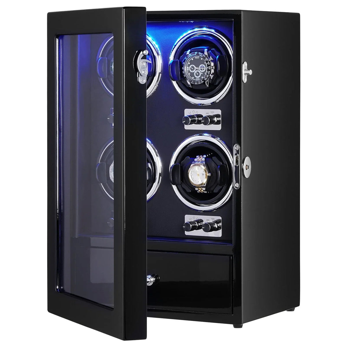 VEVOR Watch Winder, Watch Winder for 4 Men's and Women's Automatic Watches, with 4 Super Quiet Japanese Mabuchi Motors, Blue LED Light and Adapter, High-Density Board Shell and Black PU - View 10