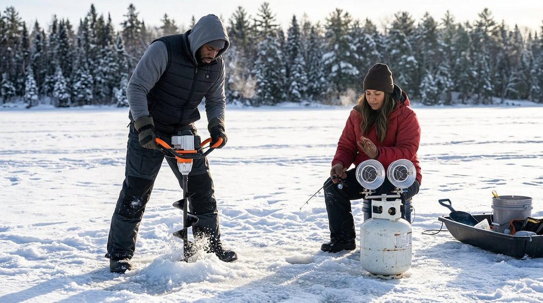 Friends ice fishing on a frozen lake with an electric ice auger and propane tank top heater