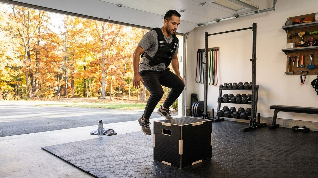 Man in a weighted vest doing box jumps onto a wooden plyo box on a rubber garage gym floor