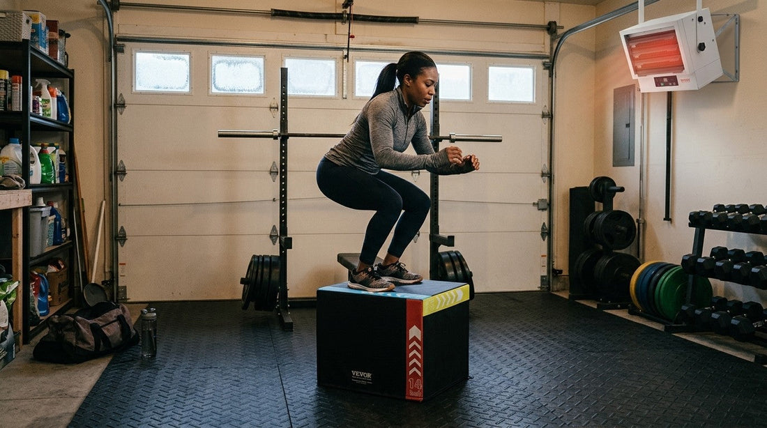 A woman doing box jumps in a two-car garage gym warmed by a wall-mounted electric garage heater on rubber flooring