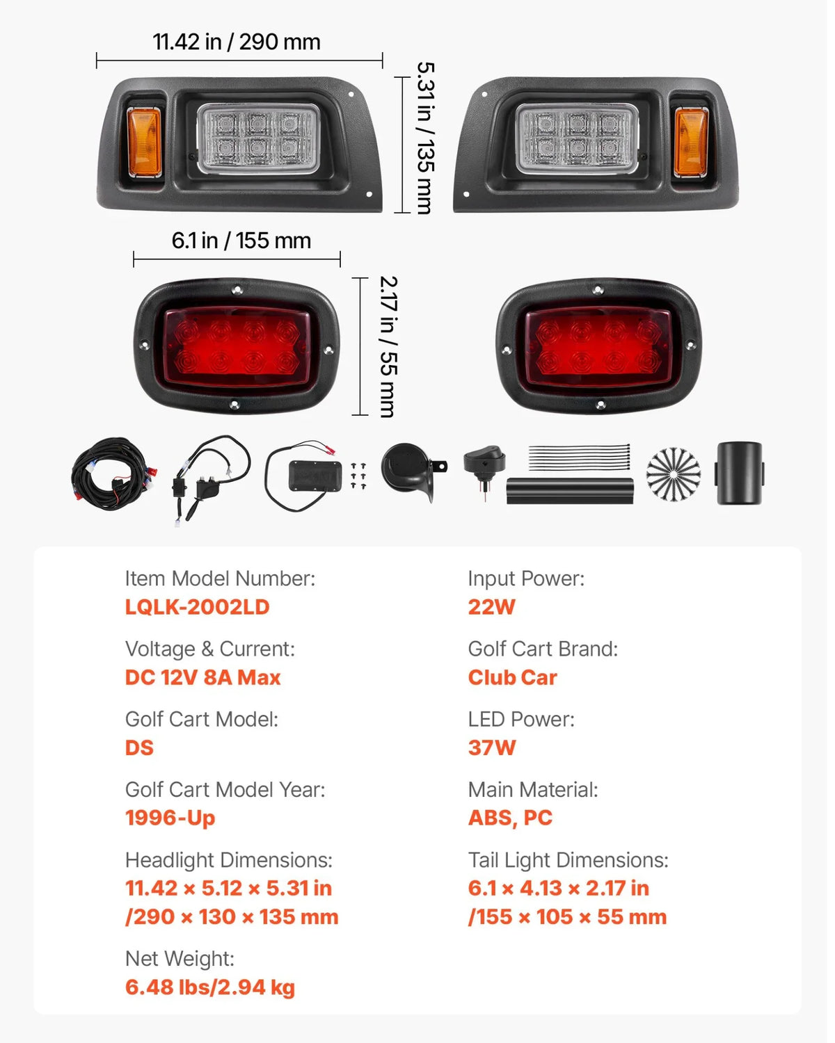 12V Golf Cart LED Headlight Tail Light Kit Legal Street For Club Car DS 1993-Up - View 6