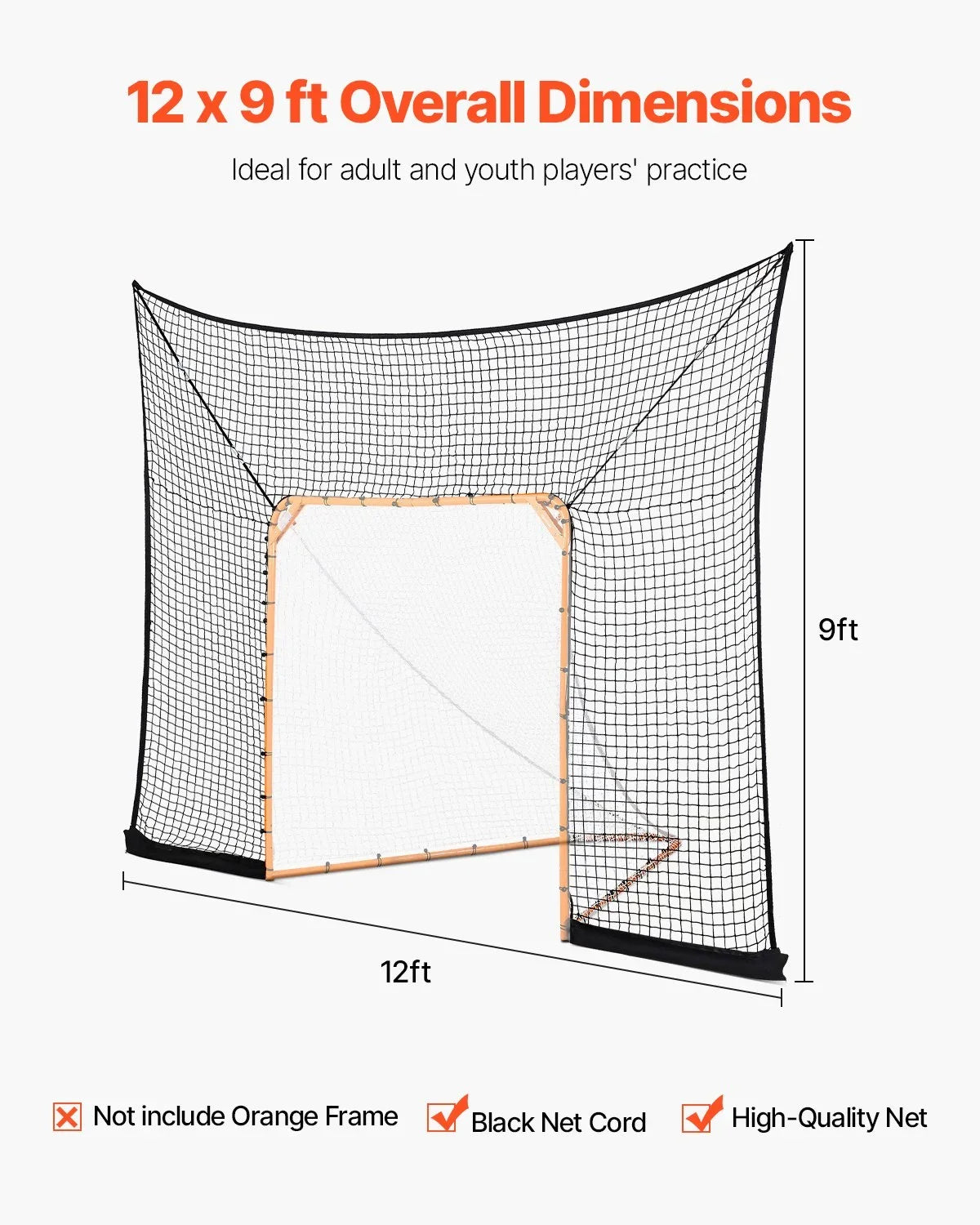 12x9 ft Hockey Lacrosse Goal Backstop Training Net Extended Coverage Net Only - View 3