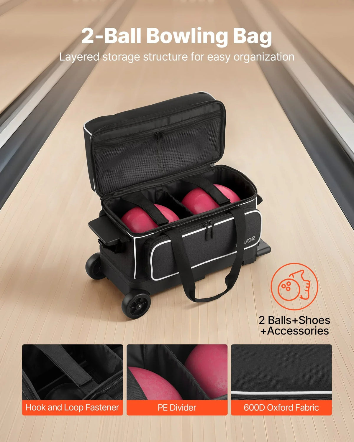 2 Ball Bowling Bag with Wheels Double Roller Bowling Bag with Shoe Compartment