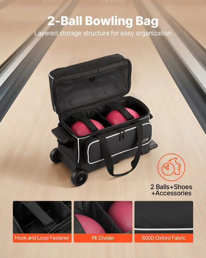 2 Ball Bowling Bag with Wheels Double Roller Bowling Bag with Shoe Compartment