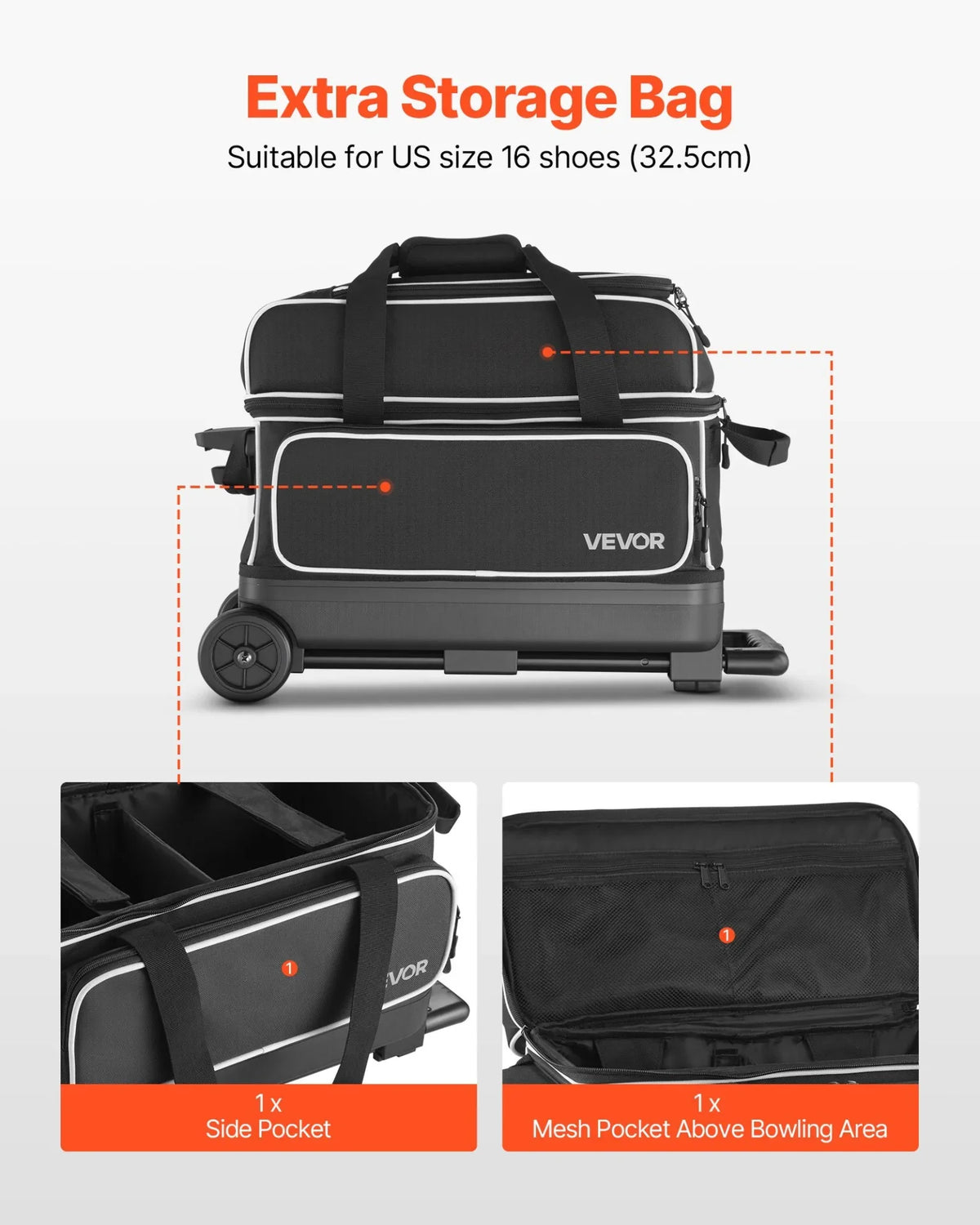 2 Ball Bowling Bag with Wheels Double Roller Bowling Bag with Shoe Compartment - View 4