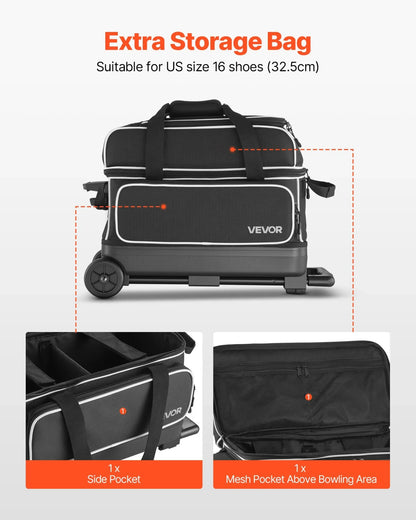 2 Ball Bowling Bag with Wheels Double Roller Bowling Bag with Shoe Compartment - View 4