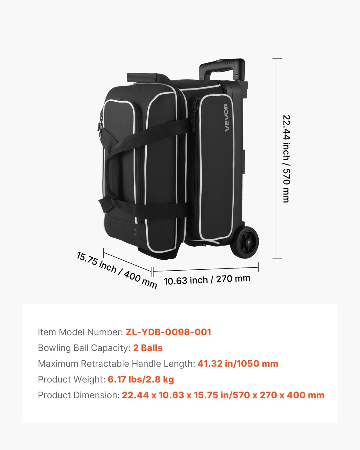 2 Ball Bowling Bag with Wheels Double Roller Bowling Bag with Shoe Compartment - View 6