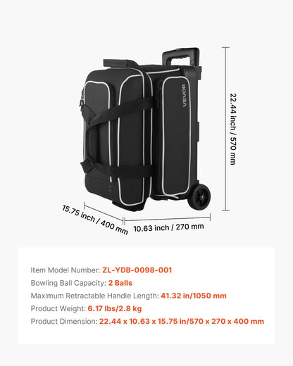 2 Ball Bowling Bag with Wheels Double Roller Bowling Bag with Shoe Compartment - View 6