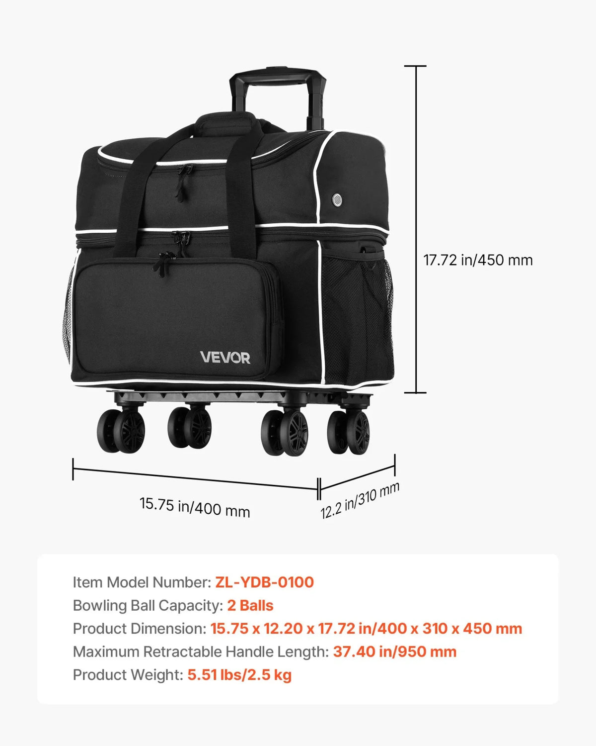 2 Ball Bowling Bag with Wheels Four Roller Bowling Bag with Shoe Compartment - View 7
