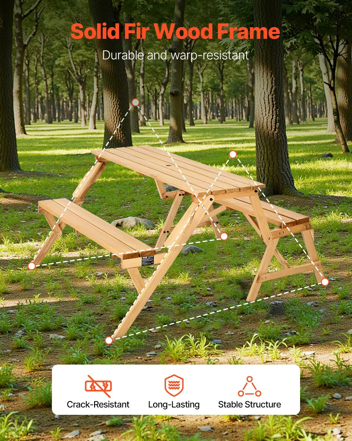 2-in-1 Transforming Interchangeable Picnic Table Wooden Table Bench Set Outdoor