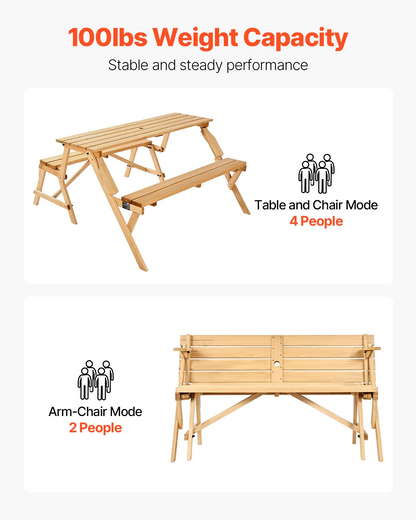 2-in-1 Transforming Interchangeable Picnic Table Wooden Table Bench Set Outdoor - View 2