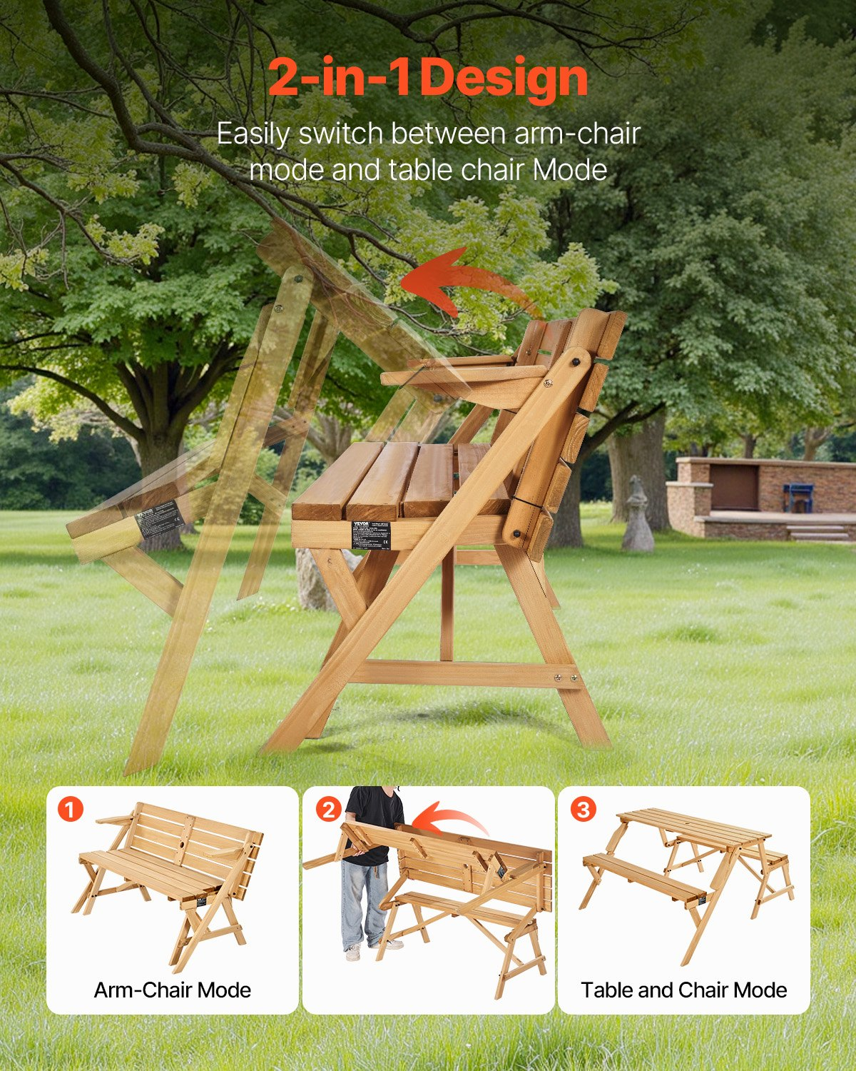 2-in-1 Transforming Interchangeable Picnic Table Wooden Table Bench Set Outdoor - View 4