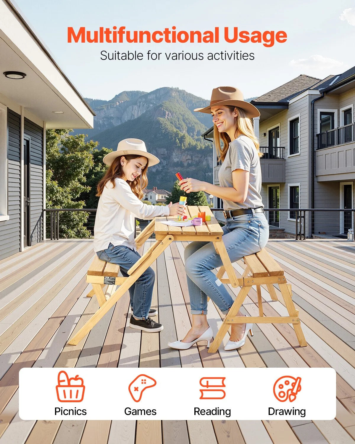 2-in-1 Transforming Interchangeable Picnic Table Wooden Table Bench Set Outdoor - View 5