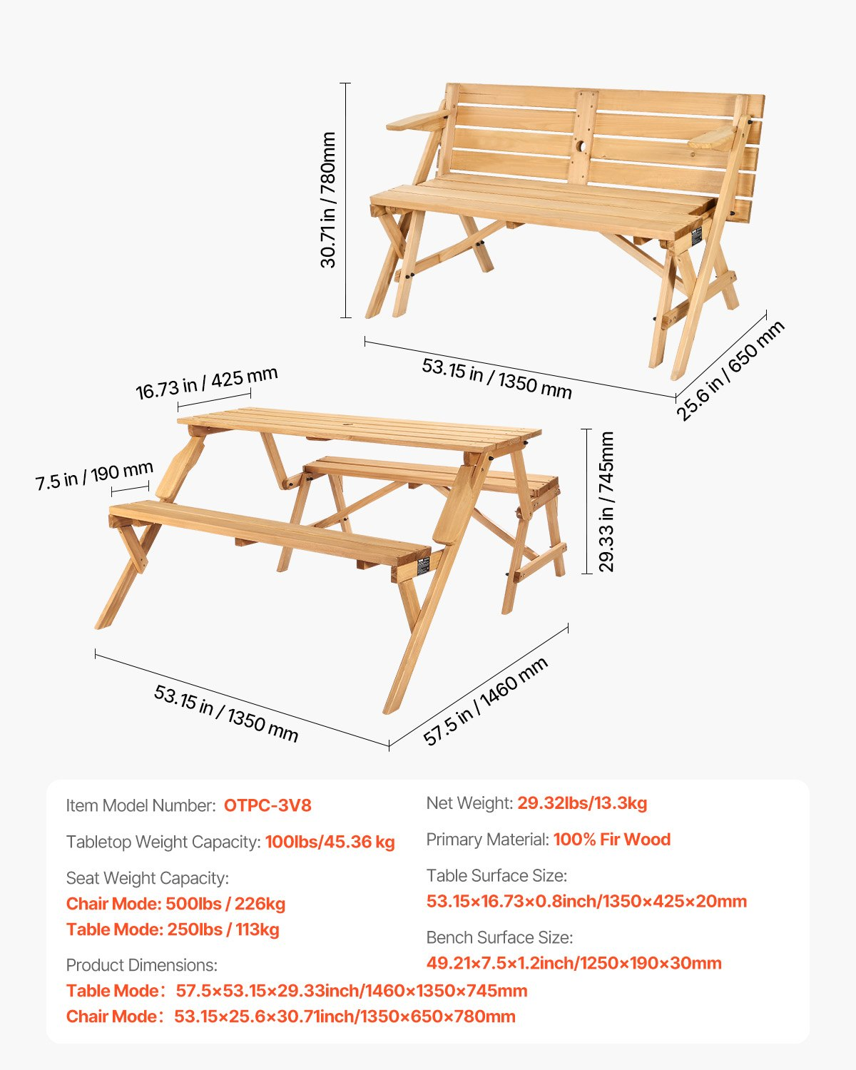2-in-1 Transforming Interchangeable Picnic Table Wooden Table Bench Set Outdoor - View 6