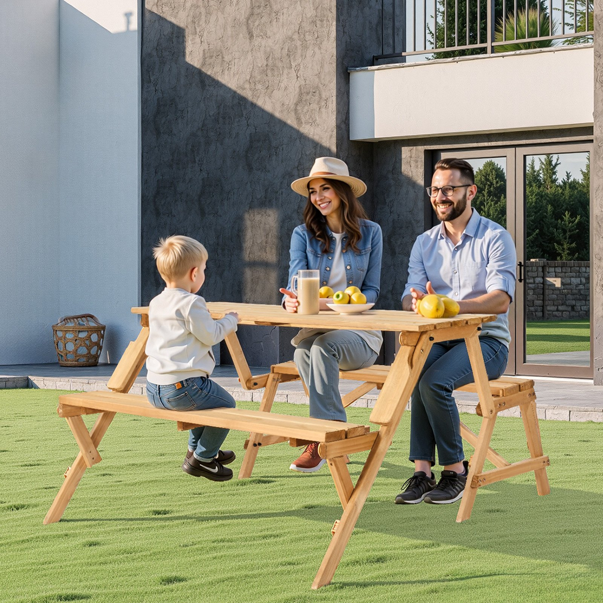 2-in-1 Transforming Interchangeable Picnic Table Wooden Table Bench Set Outdoor - View 7
