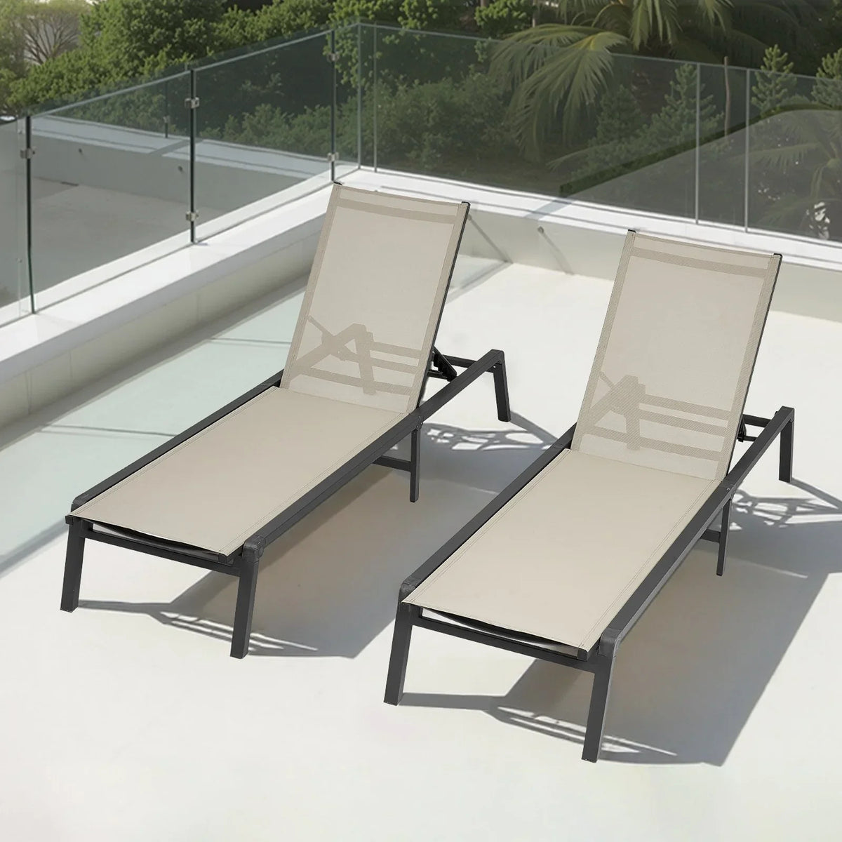 2Pcs Foldable Chaise Lounge Chair Adjustable Back Outdoor Pool Sun Tanning Chair