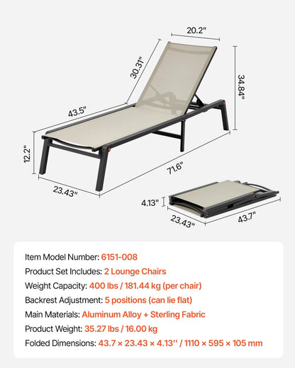 2Pcs Foldable Chaise Lounge Chair Adjustable Back Outdoor Pool Sun Tanning Chair - View 7