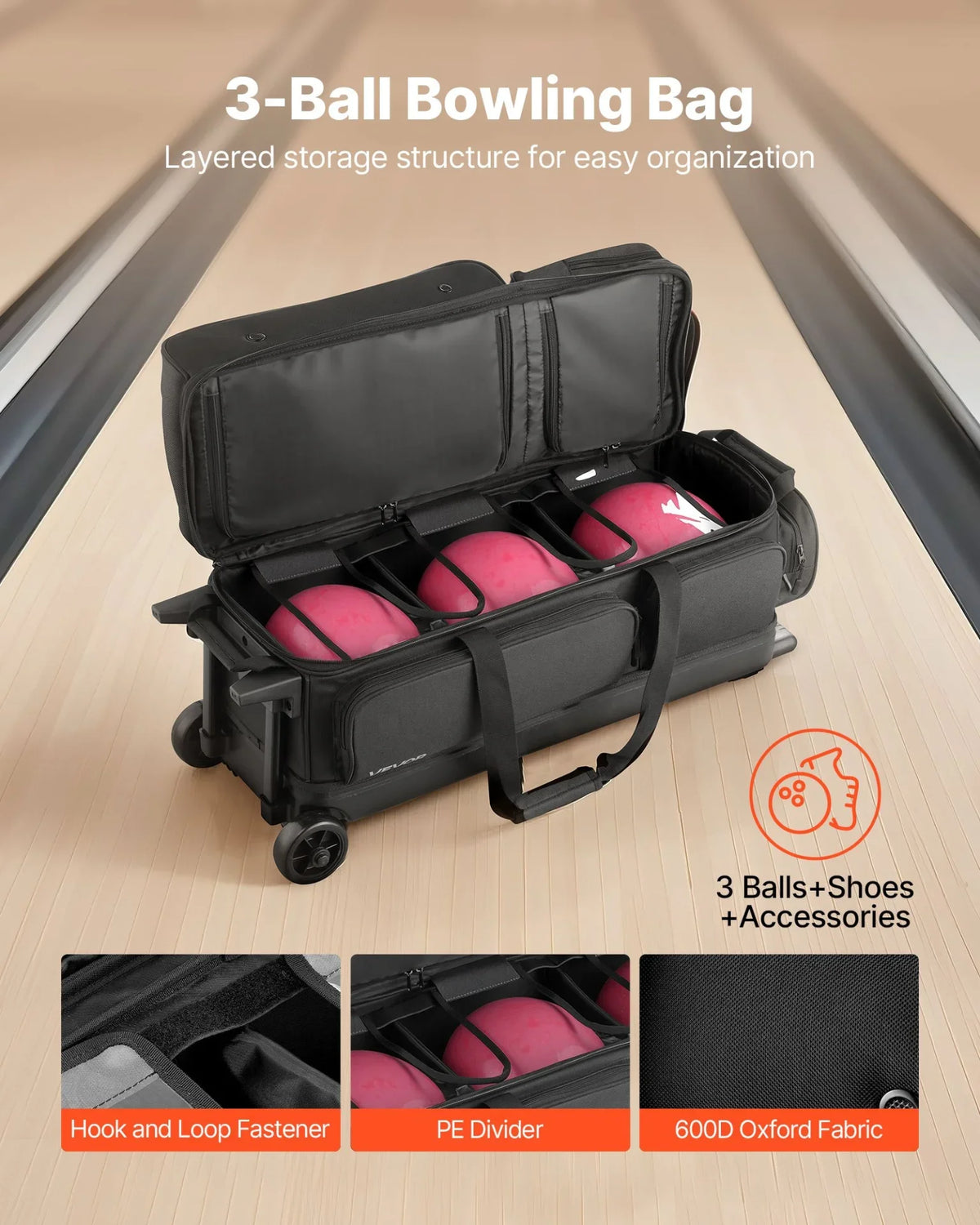 3 Ball Bowling Bag with Wheels Double Roller Bowling Bag with Shoe Compartment - View 2