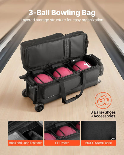 3 Ball Bowling Bag with Wheels Double Roller Bowling Bag with Shoe Compartment - View 2