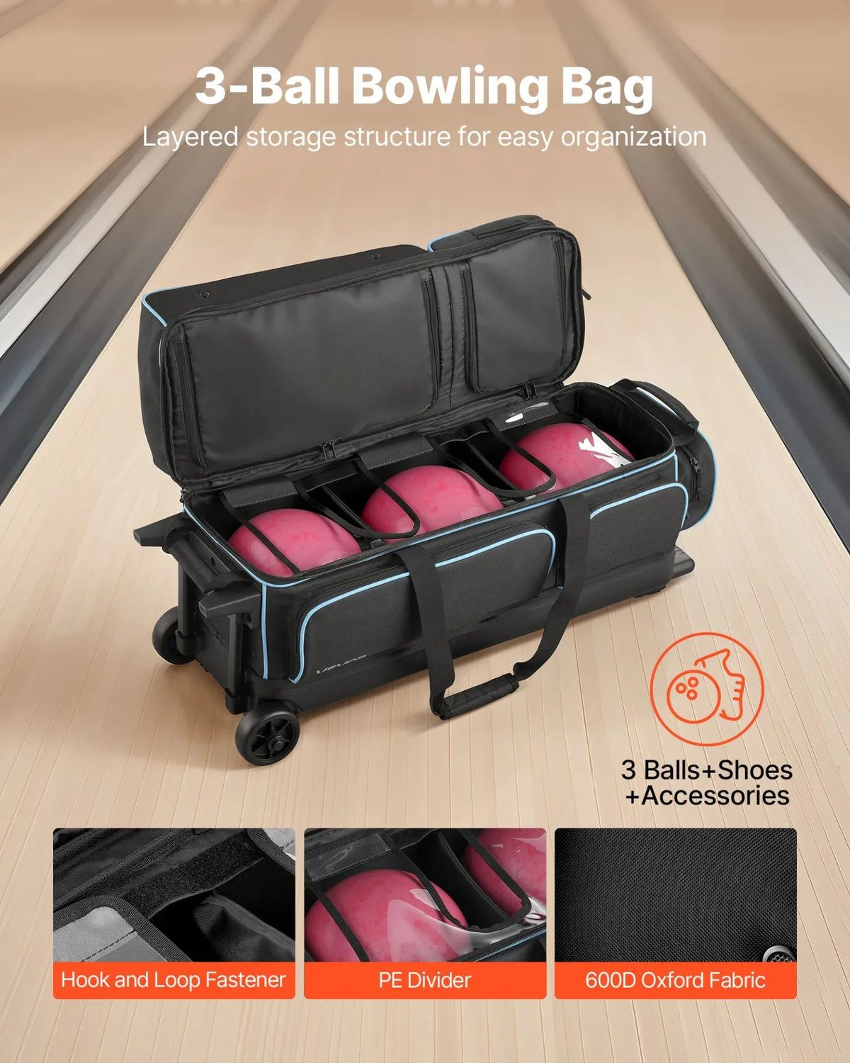 3 Ball Bowling Bag with Wheels Double Roller Bowling Bag with Shoe Compartment