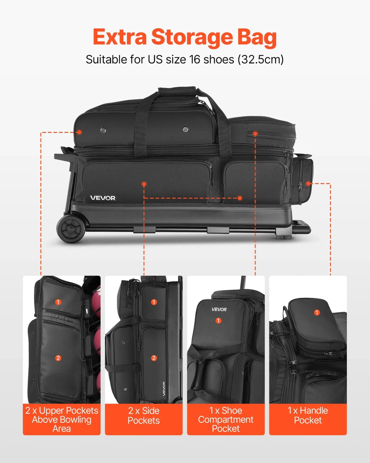 3 Ball Bowling Bag with Wheels Double Roller Bowling Bag with Shoe Compartment - View 5
