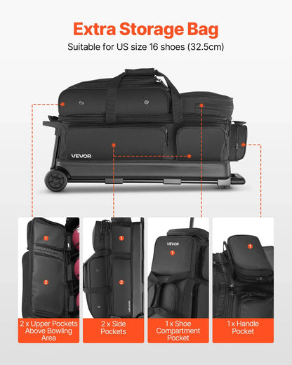3 Ball Bowling Bag with Wheels Double Roller Bowling Bag with Shoe Compartment - View 5