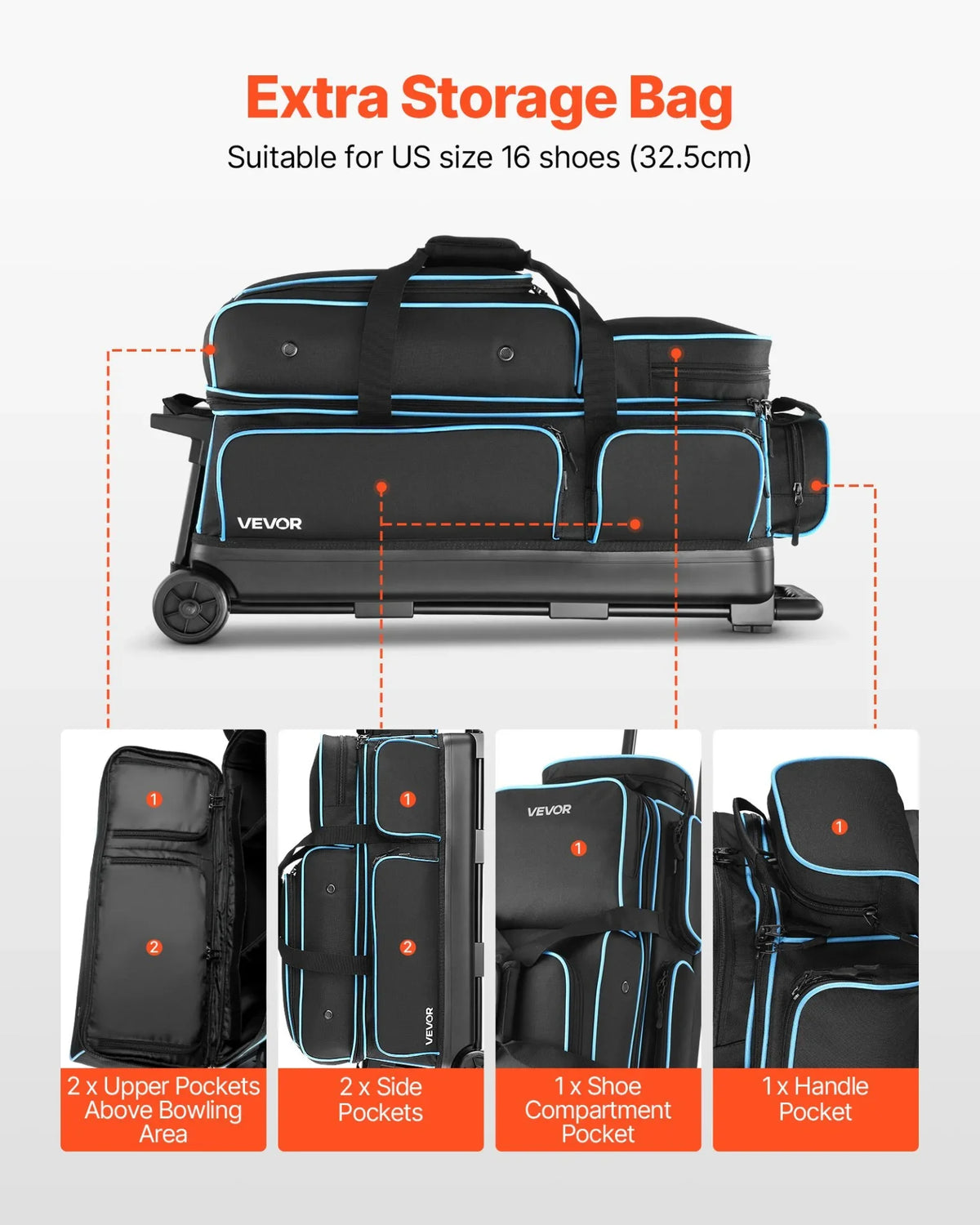 3 Ball Bowling Bag with Wheels Double Roller Bowling Bag with Shoe Compartment - View 4