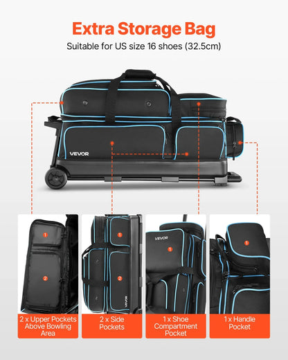 3 Ball Bowling Bag with Wheels Double Roller Bowling Bag with Shoe Compartment - View 4