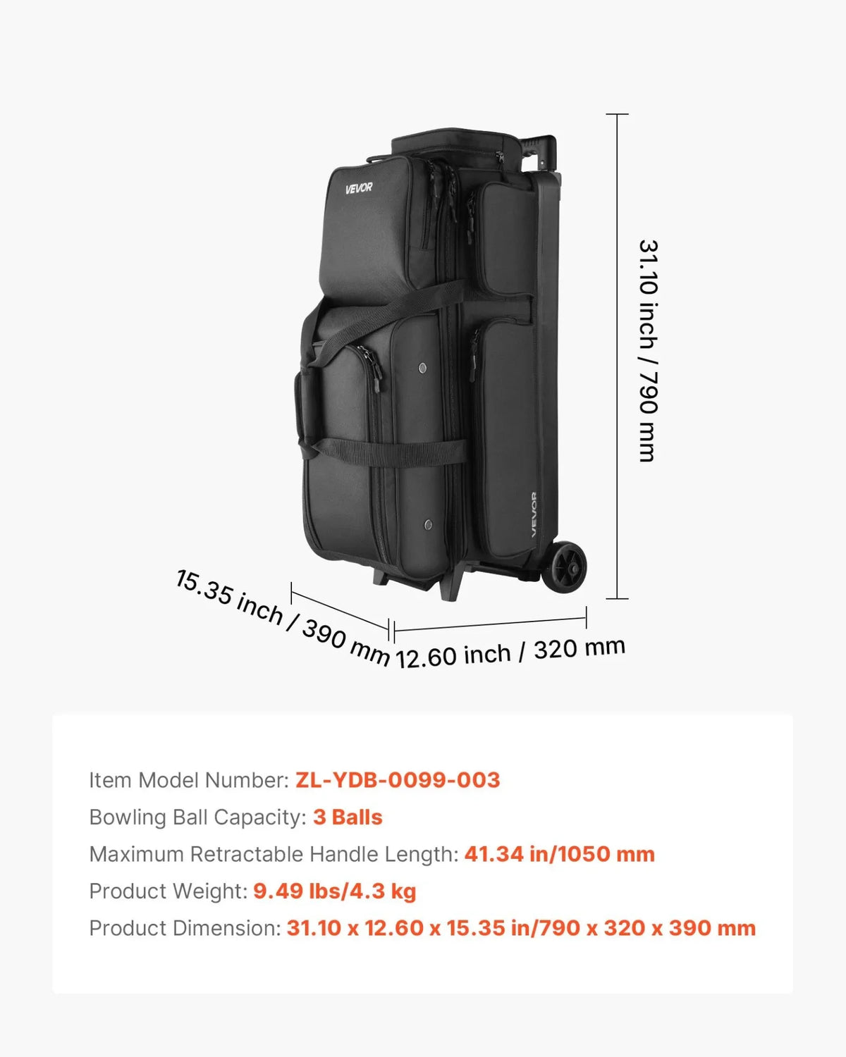 3 Ball Bowling Bag with Wheels Double Roller Bowling Bag with Shoe Compartment - View 7