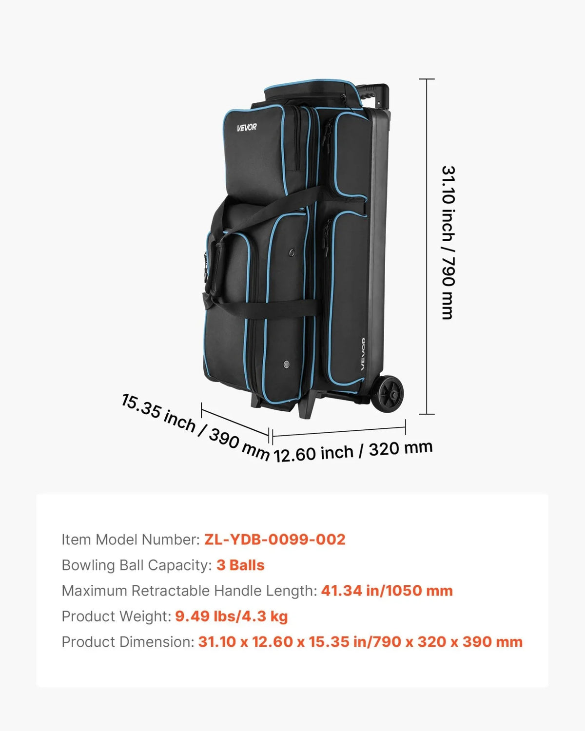 3 Ball Bowling Bag with Wheels Double Roller Bowling Bag with Shoe Compartment - View 6