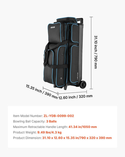 3 Ball Bowling Bag with Wheels Double Roller Bowling Bag with Shoe Compartment - View 6