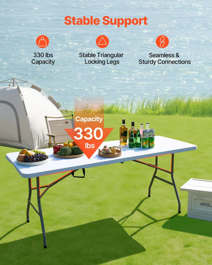 6 Ft Plastic Folding Table Portable Picnic Utility Table Handle Indoor Outdoor - View 2