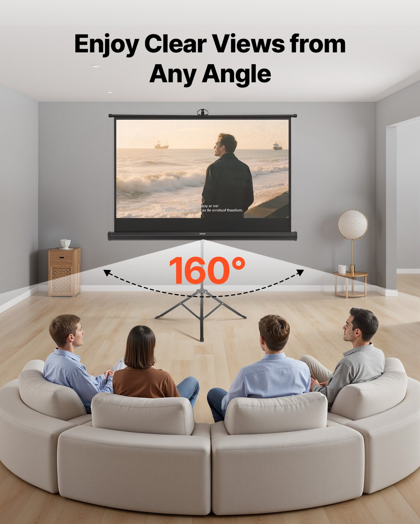 People enjoying a movie with the VEVOR portable projector screen offering a 160° viewing angle in a modern living room.