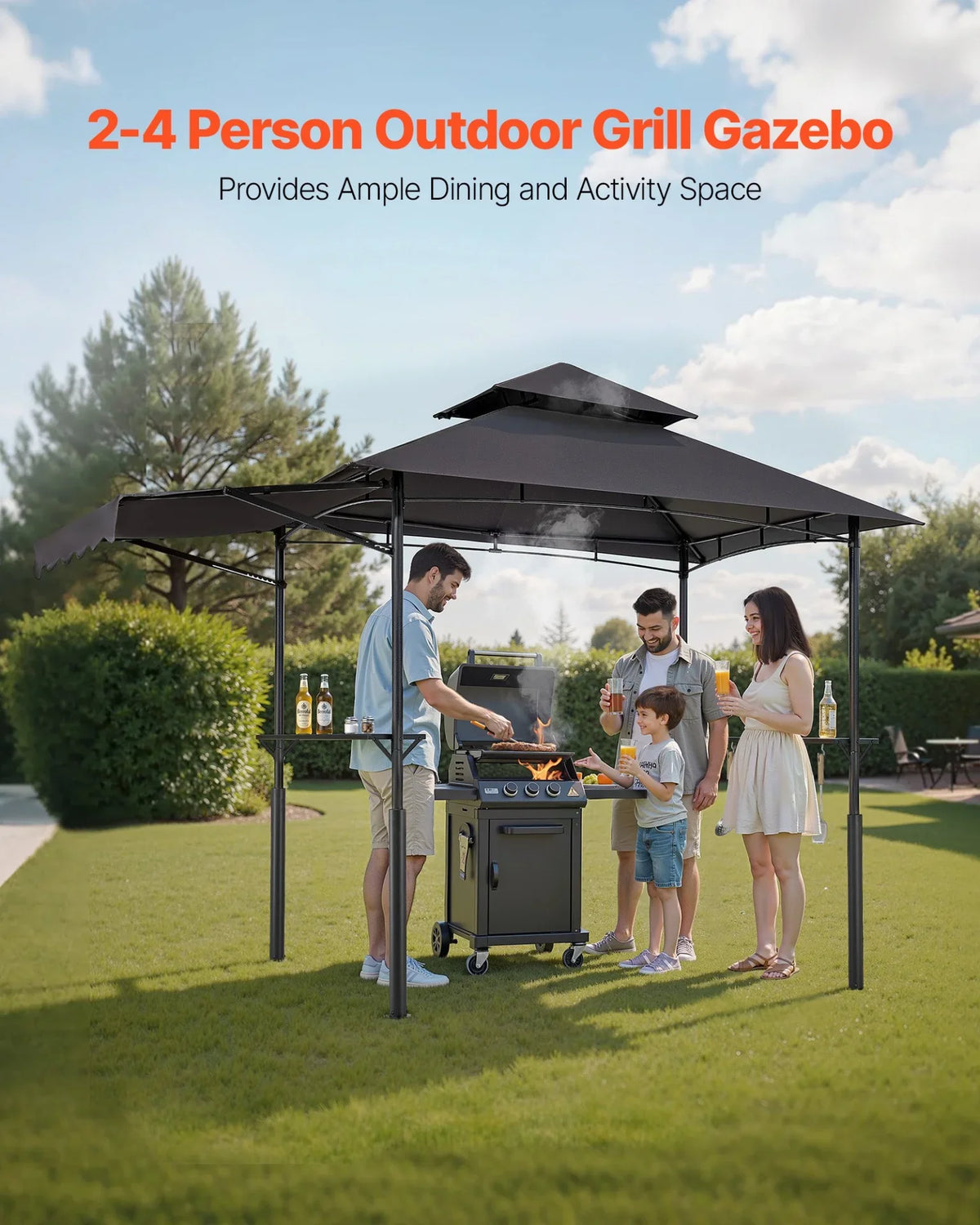 8'x5' Reinforced BBQ Grill Gazebo Canopy with Shelf & Awning Double-Tiered Top