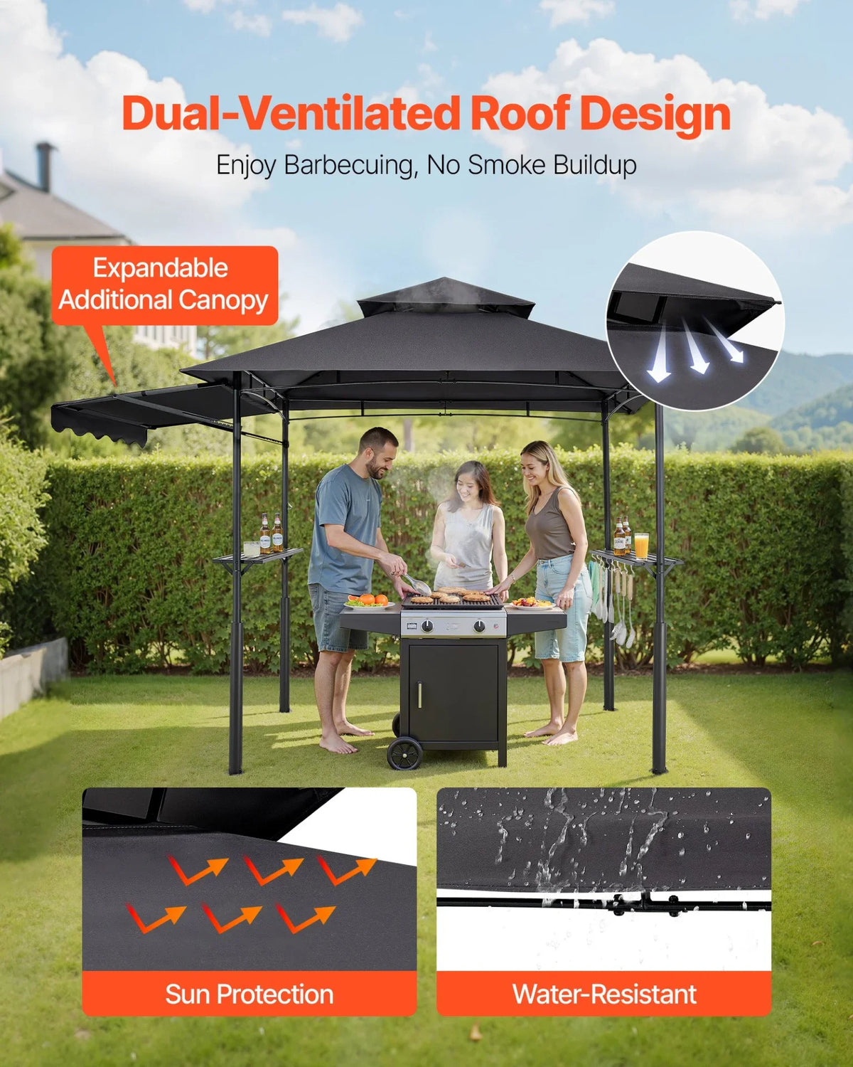 8'x5' Reinforced BBQ Grill Gazebo Canopy with Shelf & Awning Double-Tiered Top - View 2