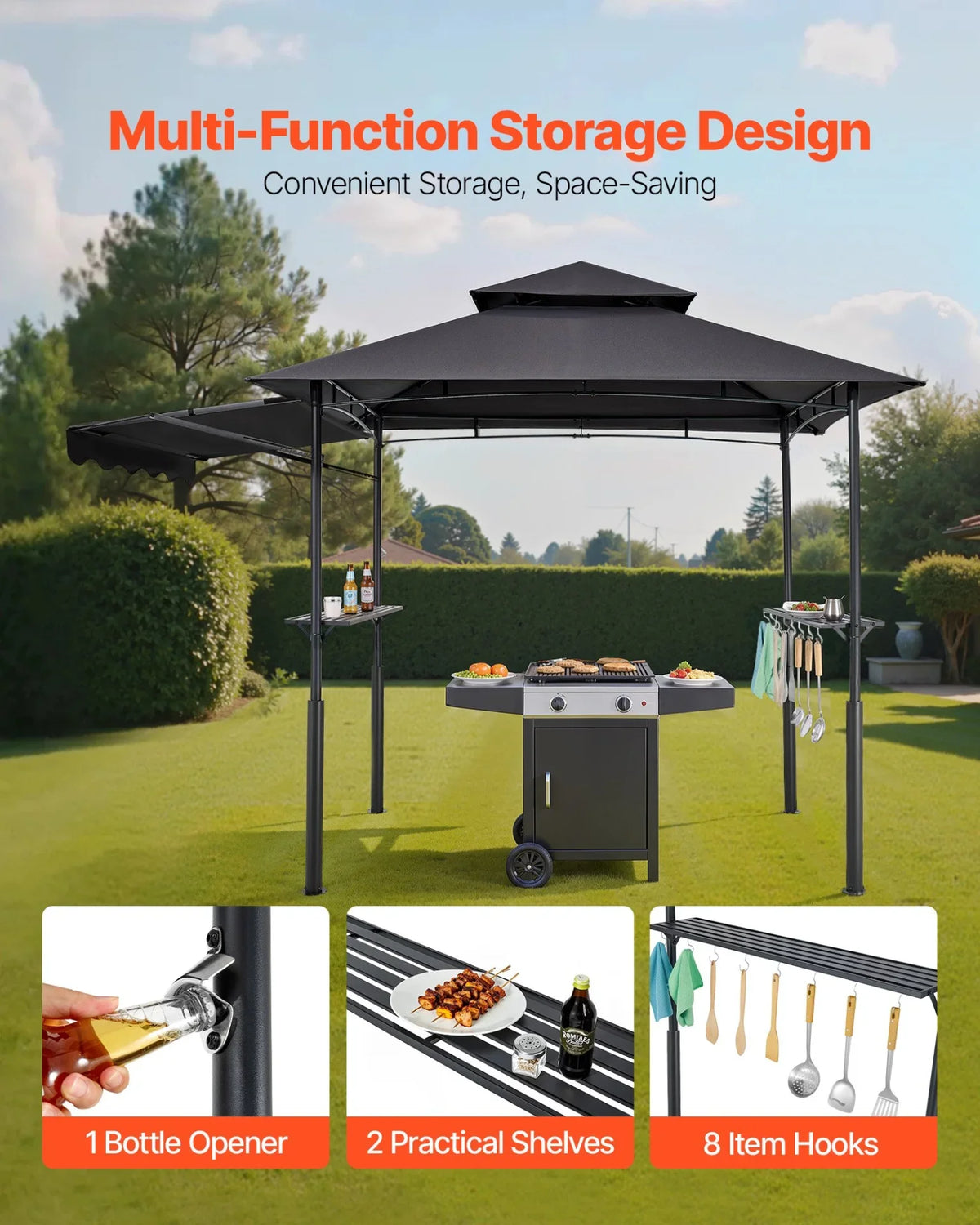 8'x5' Reinforced BBQ Grill Gazebo Canopy with Shelf & Awning Double-Tiered Top - View 4